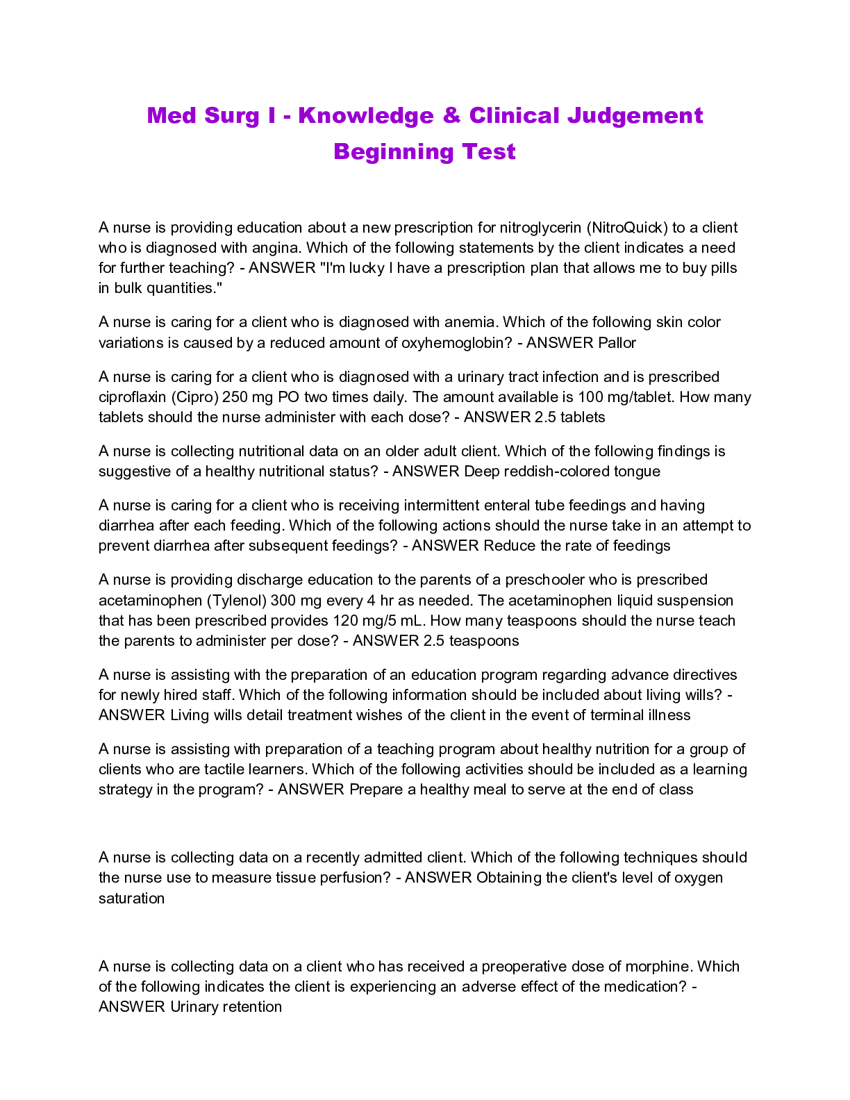 Preview image for Med Surg I - Knowledge & Clinical Judgement Beginning Test